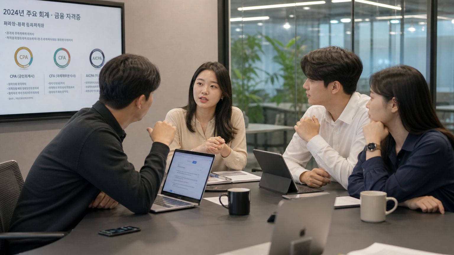 젊은 직장인들이 회의실에서 자격증 시험에 대해 토론하는 장면
