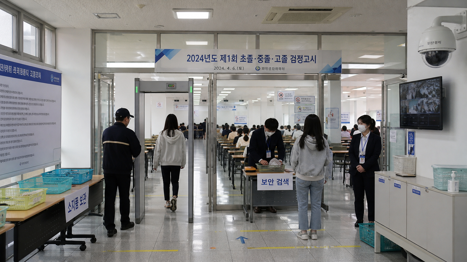 금속 탐지기와 감시 시스템이 갖춰진 현대적인 시험장의 보안 장치