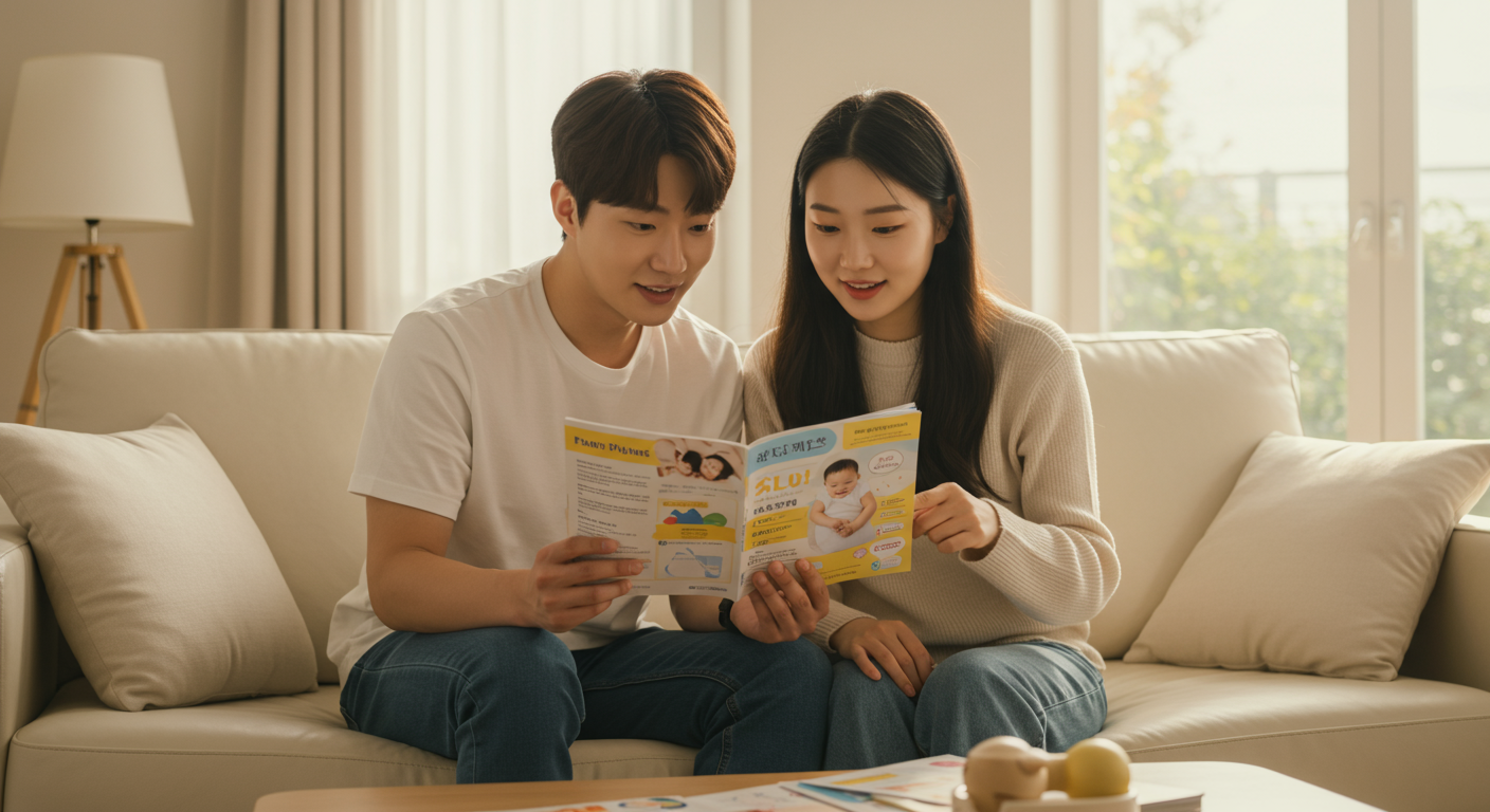 젊은 부부가 아늑한 거실에서 아기 관련 브로셔를 보며 재정 지원 계획을 논의하는 모습