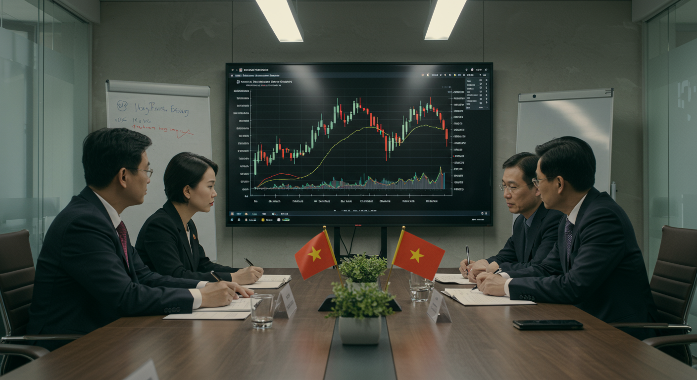 한국과 베트남 경영진들이 환율 변동에 대해 논의하는 비즈니스 미팅