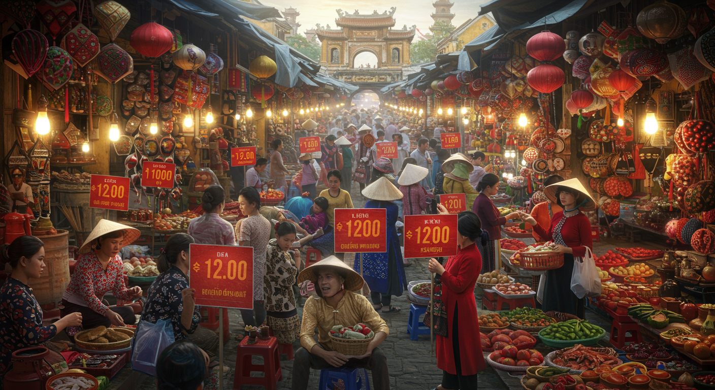 활기찬 베트남 시장에서 디지털 가격표로 표시된 상품 가격을 살펴보는 사람들