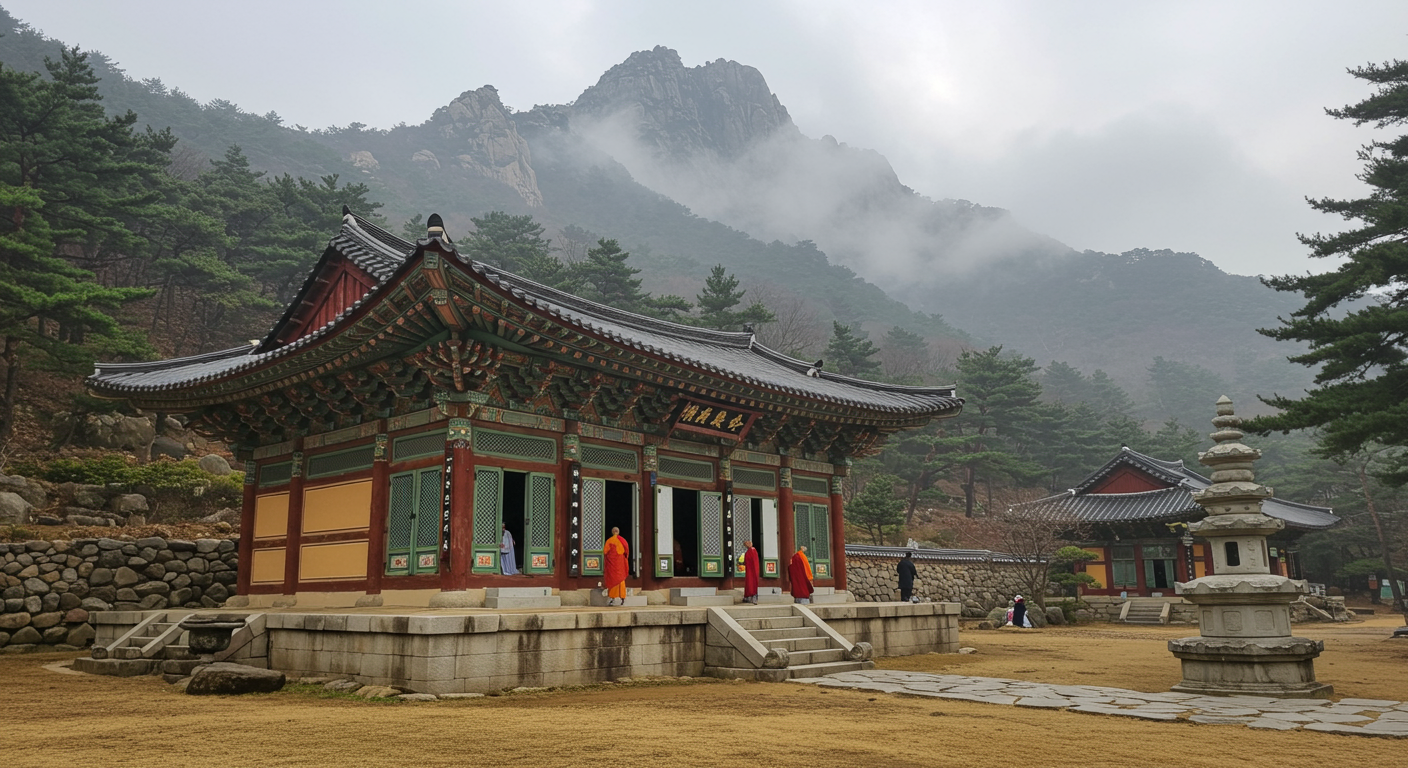 한라산 자락에 위치한 전통적인 한국 사찰 건축물과 명상의 분위기