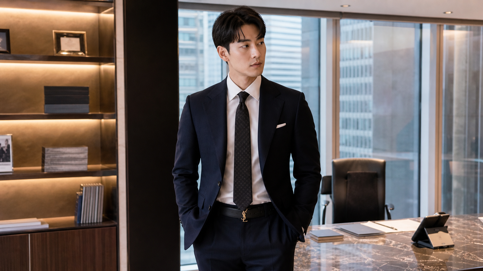 고급스러운 사무실 환경에서 YSL 벨트를 착용한 한국 남성