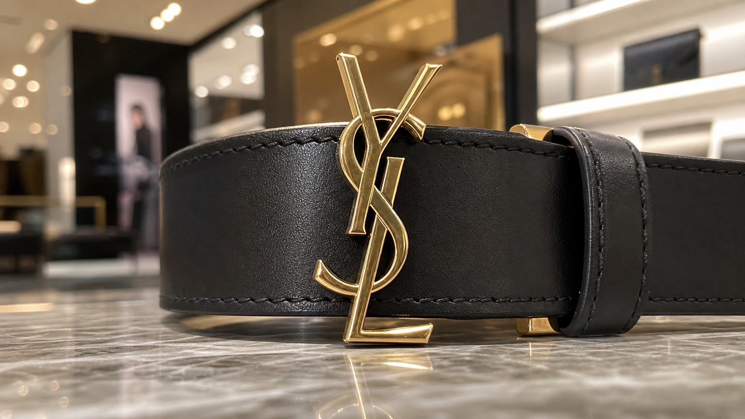 고급 부티크에서 전시된 상징적인 YSL 모노그램 버클 클로즈업