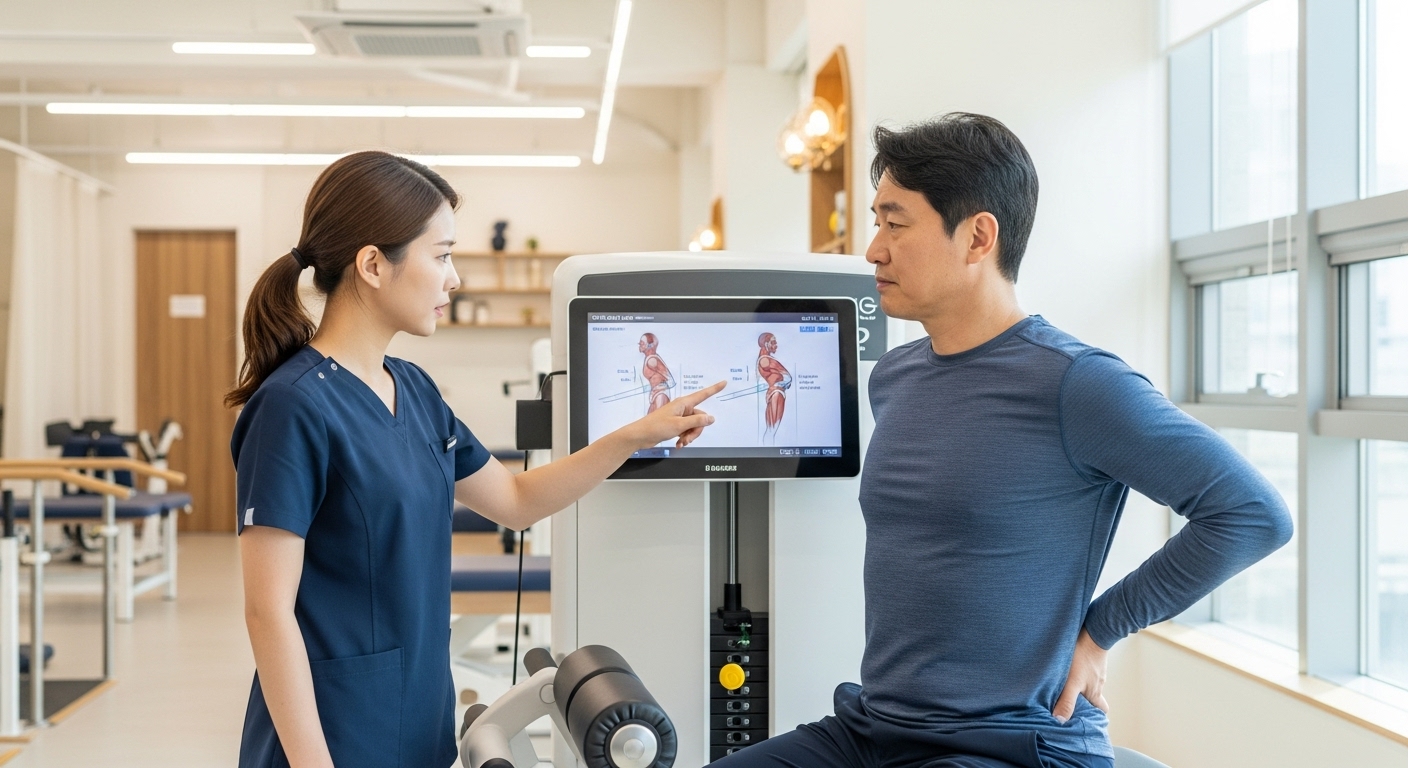 물리치료사가 허리 통증 환자에게 안전한 운동 설명 중
