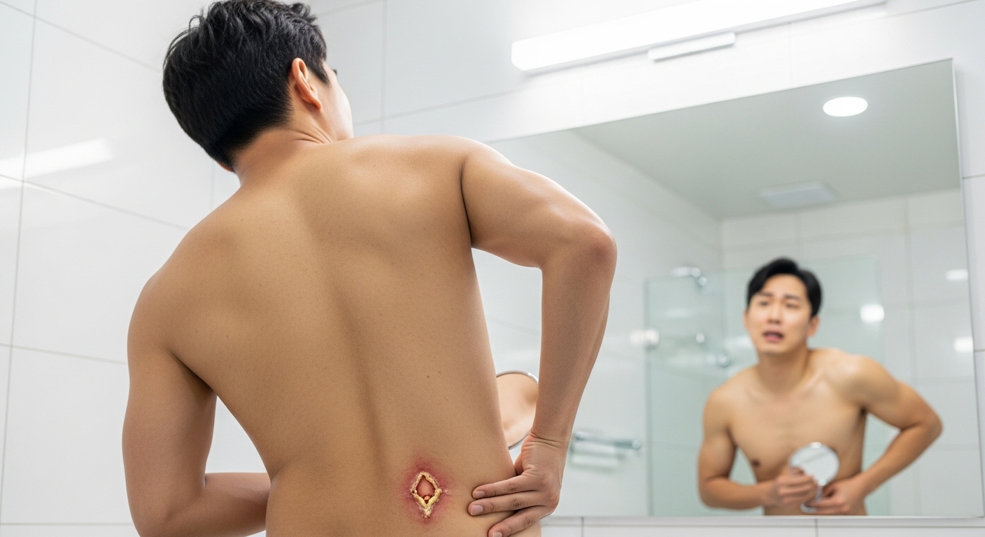 꼬리뼈 근처 작은 상처를 거울 앞에서 걱정스럽게 살펴보는 남성