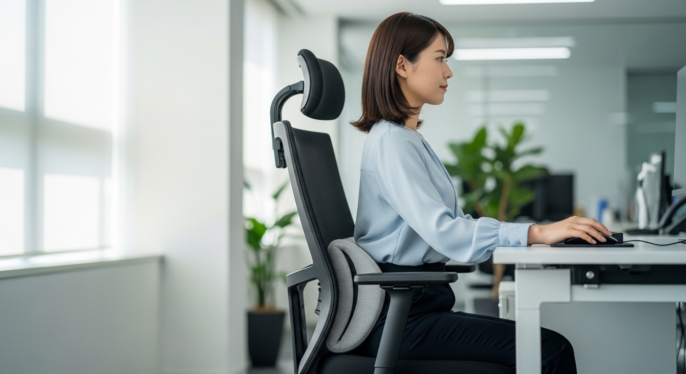 작은 쿠션으로 허리를 받쳐 S자 척추 곡선을 유지하는 한국 여성