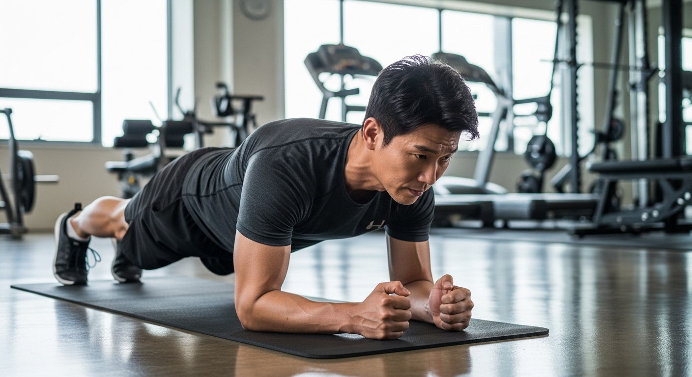 현대적인 체육관에서 플랭크 운동을 하는 한국 남성
