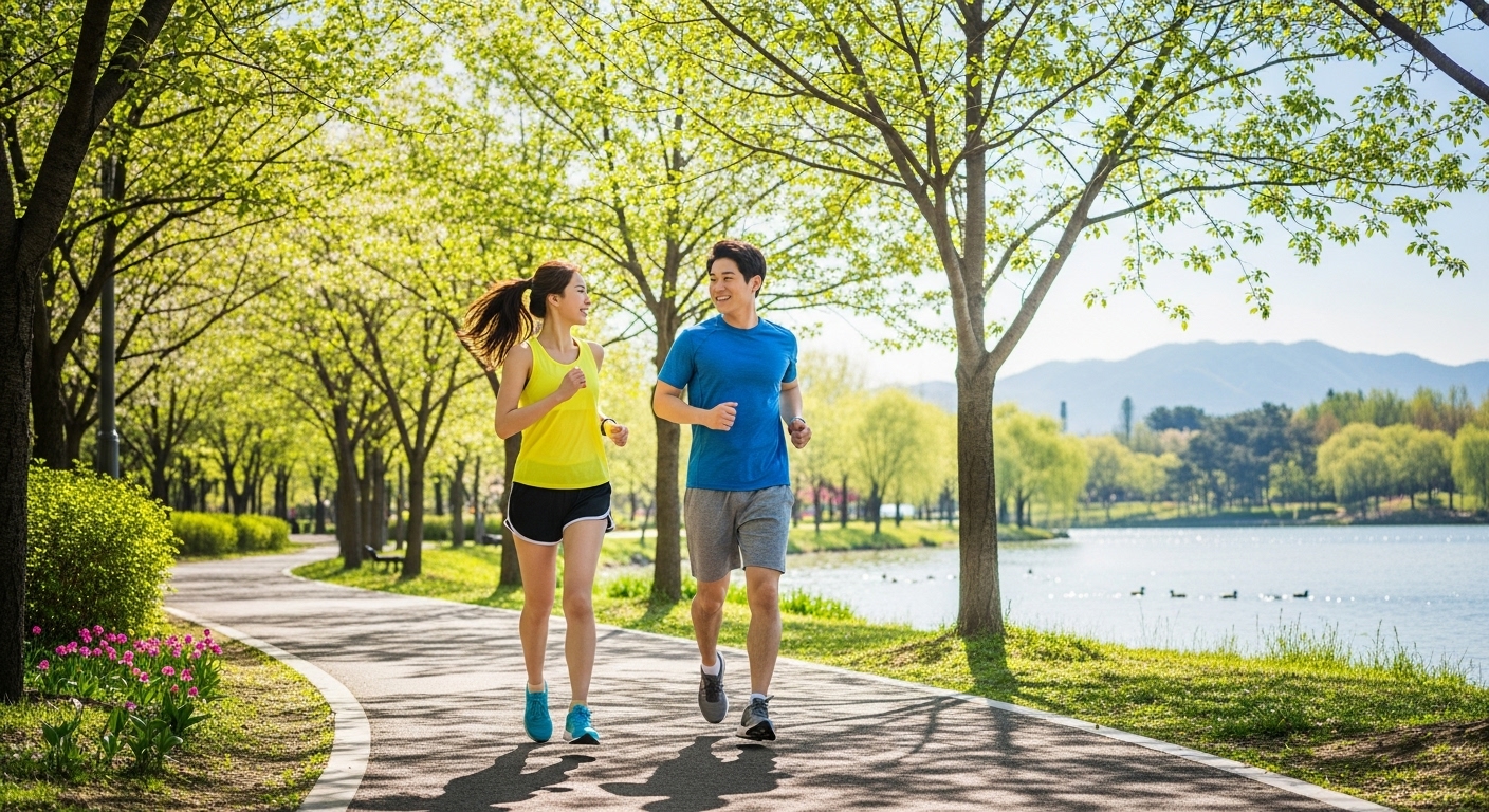경치 좋은 공원에서 조깅하며 척추 건강을 유지하는 한국 커플