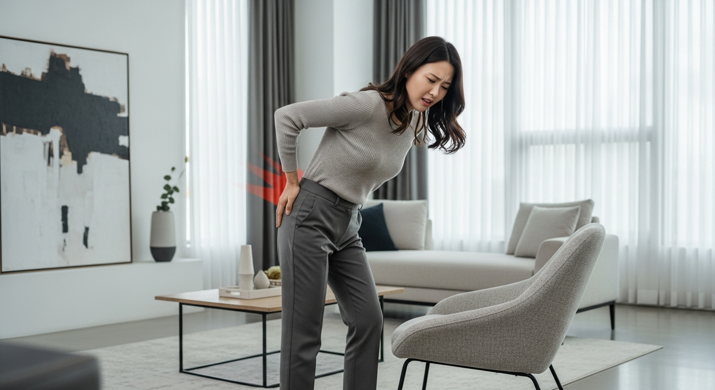 의자에서 일어날 때 엉덩이 통증을 느끼는 모습