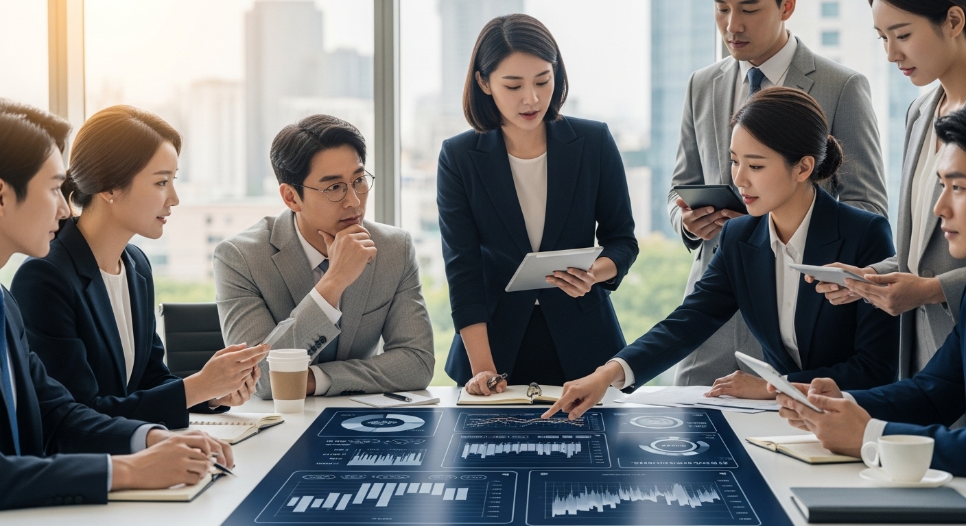 현대 사무실에서 디지털 기기와 그래프를 활용하여 정책 회복을 논의하는 사람들