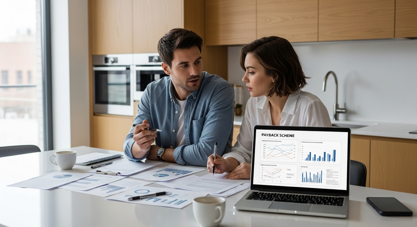 부엌 테이블에서 노트북과 서류를 검토하며 환급 내용을 확인하는 현대적인 커플