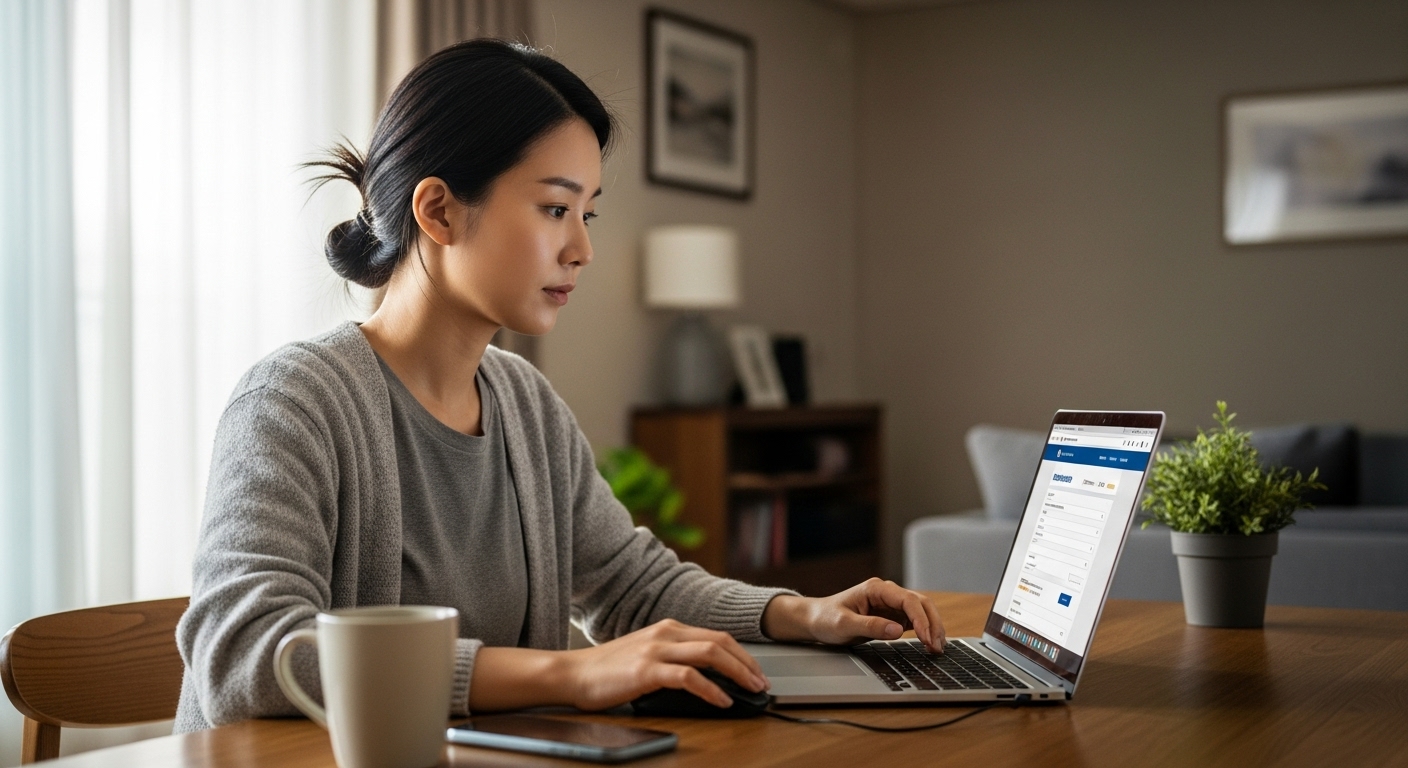 집에서 노트북으로 금융 혜택을 온라인 신청하는 젊은 여성