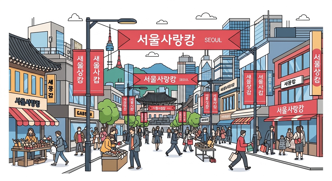 서울 시내 활기찬 분위기 속 상품권 홍보 배너와 사람들