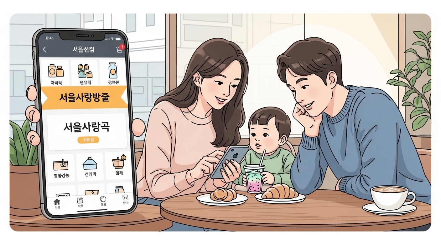 가족이 카페에서 모바일 앱으로 상품권을 사용하는 모습