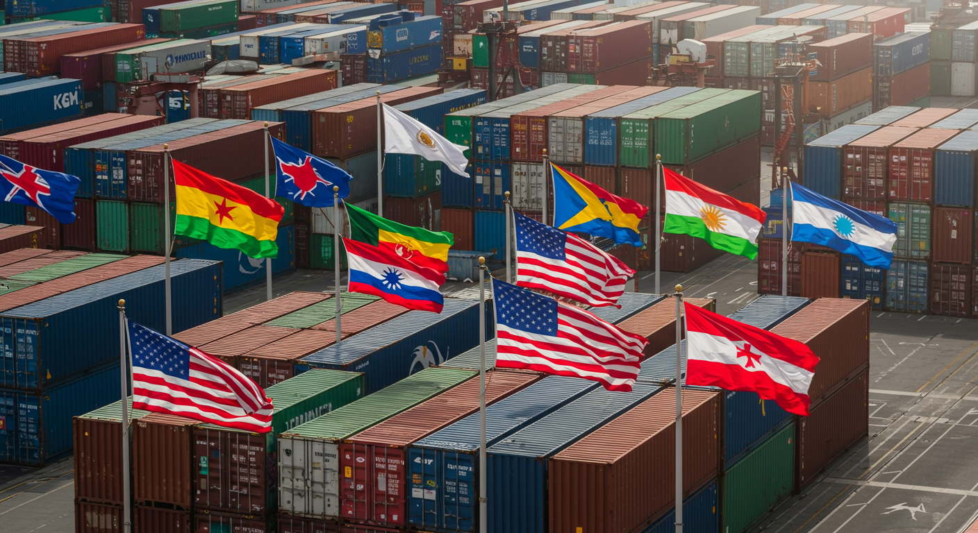 다양한 국기와 화물 컨테이너가 있는 활발한 국제 무역 환경, 미국 관세 정책을 상징하는 미국 국기가 두드러지게 보이는 모습