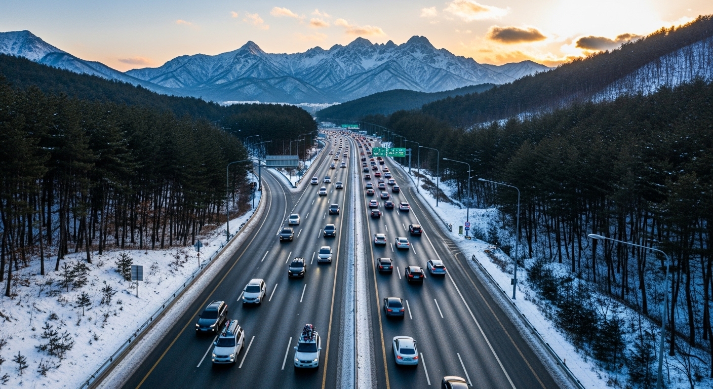 강남에서 차로 40분 이내 거리의 스키장을 향하는 차량들의 항공 사진