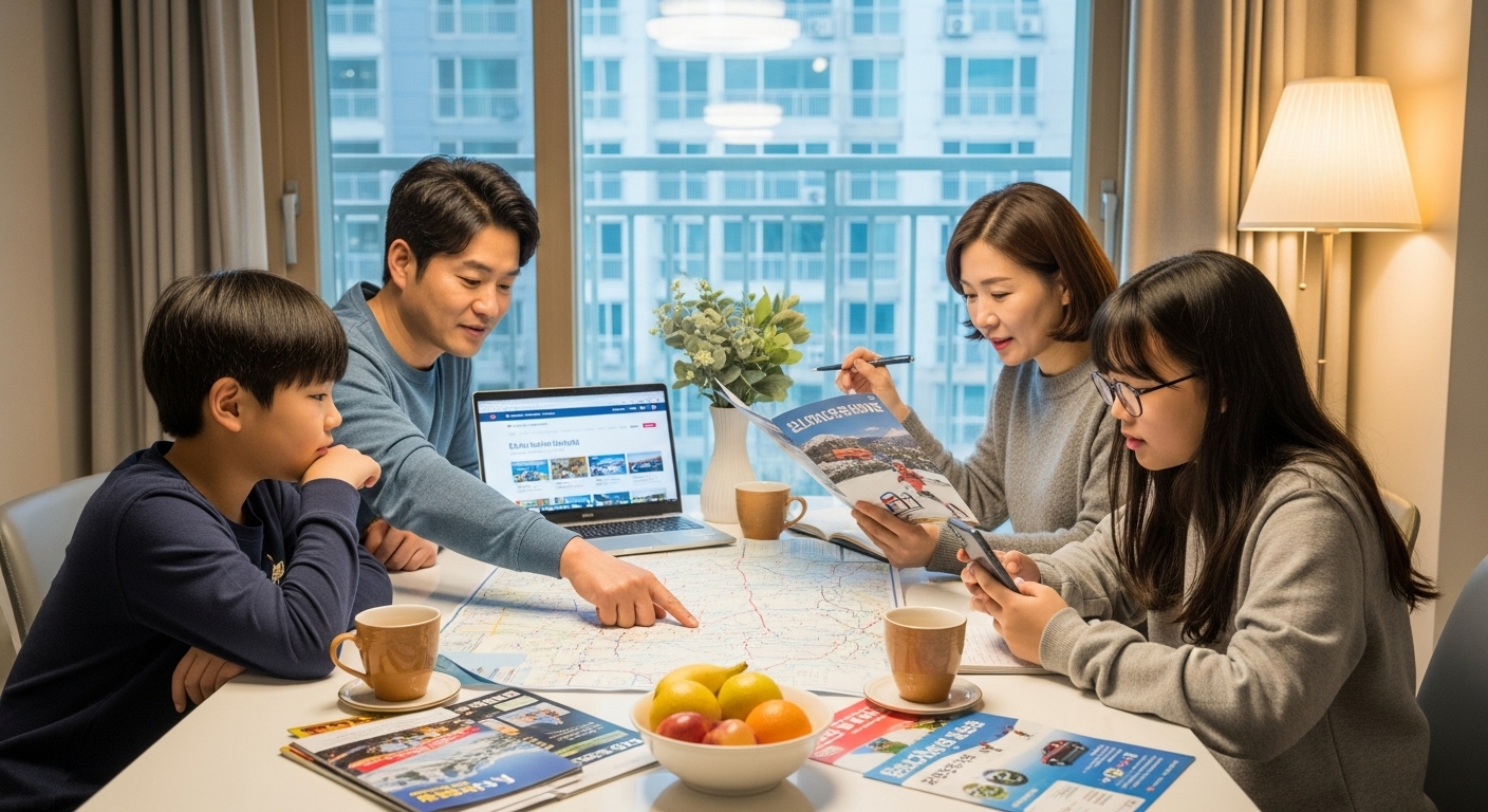 자가용과 대중교통 중 어떤 것을 이용할지 고민하는 가족의 모습