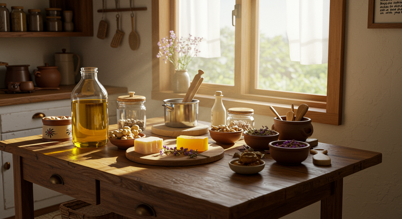 한국 가정 부엌에서 폐식용유와 자연 재료를 활용해 비누를 만드는 장면, 햇빛이 창문을 통해 들어오는 모습