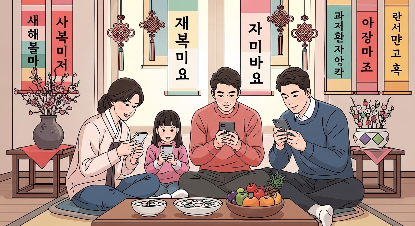 설날을 앞두고 스마트폰으로 지원금을 확인하는 가족의 모습