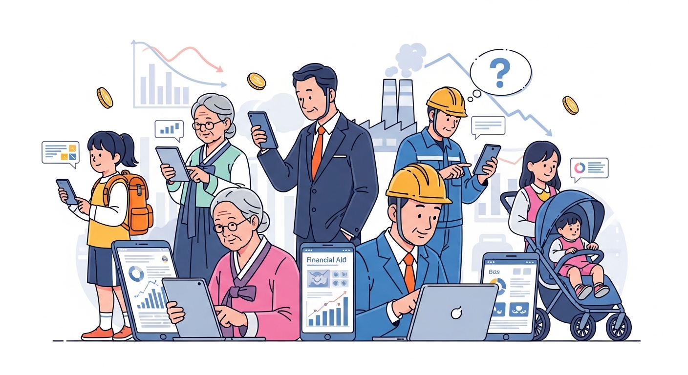 다양한 배경을 가진 사람들이 디지털 기기로 재정 지원 정보를 받는 모습
