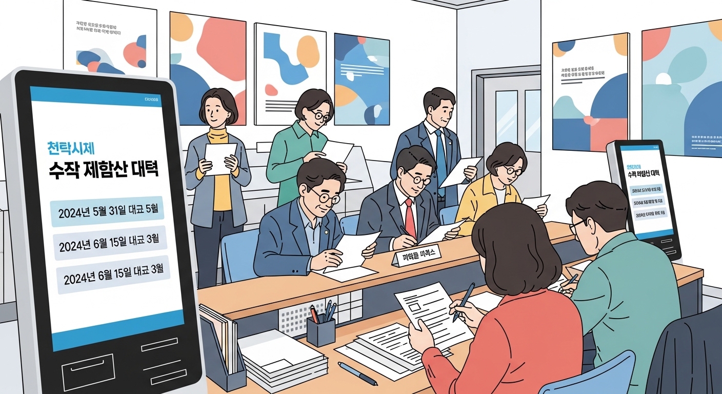 주민센터에서 보조금 신청 서류를 준비 중인 시민들의 모습