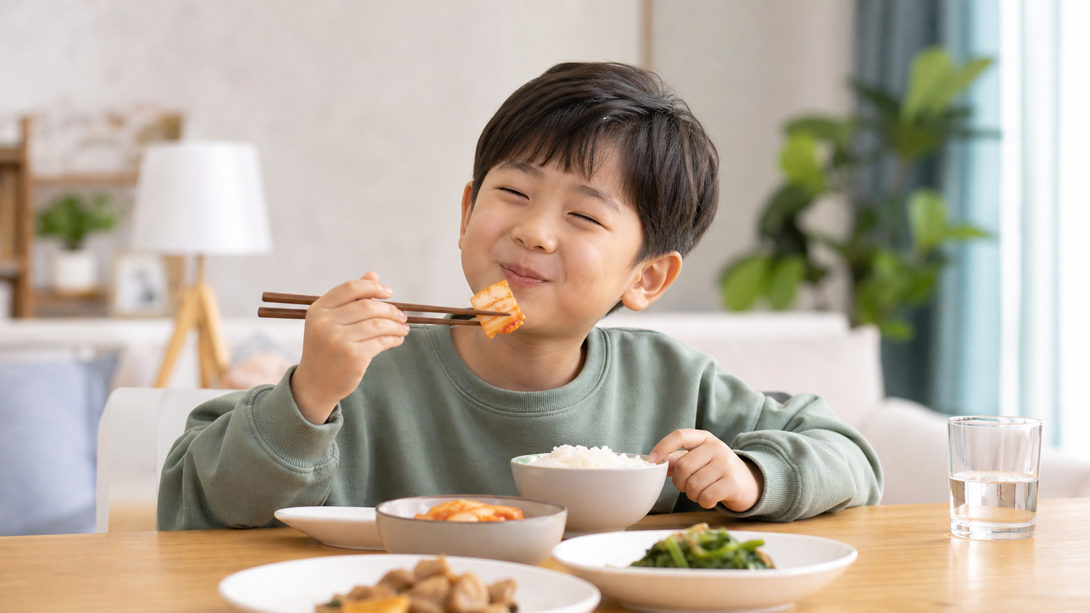 아이가 식탁에서 부드러운 김치를 먹으며 즐거워하는 모습