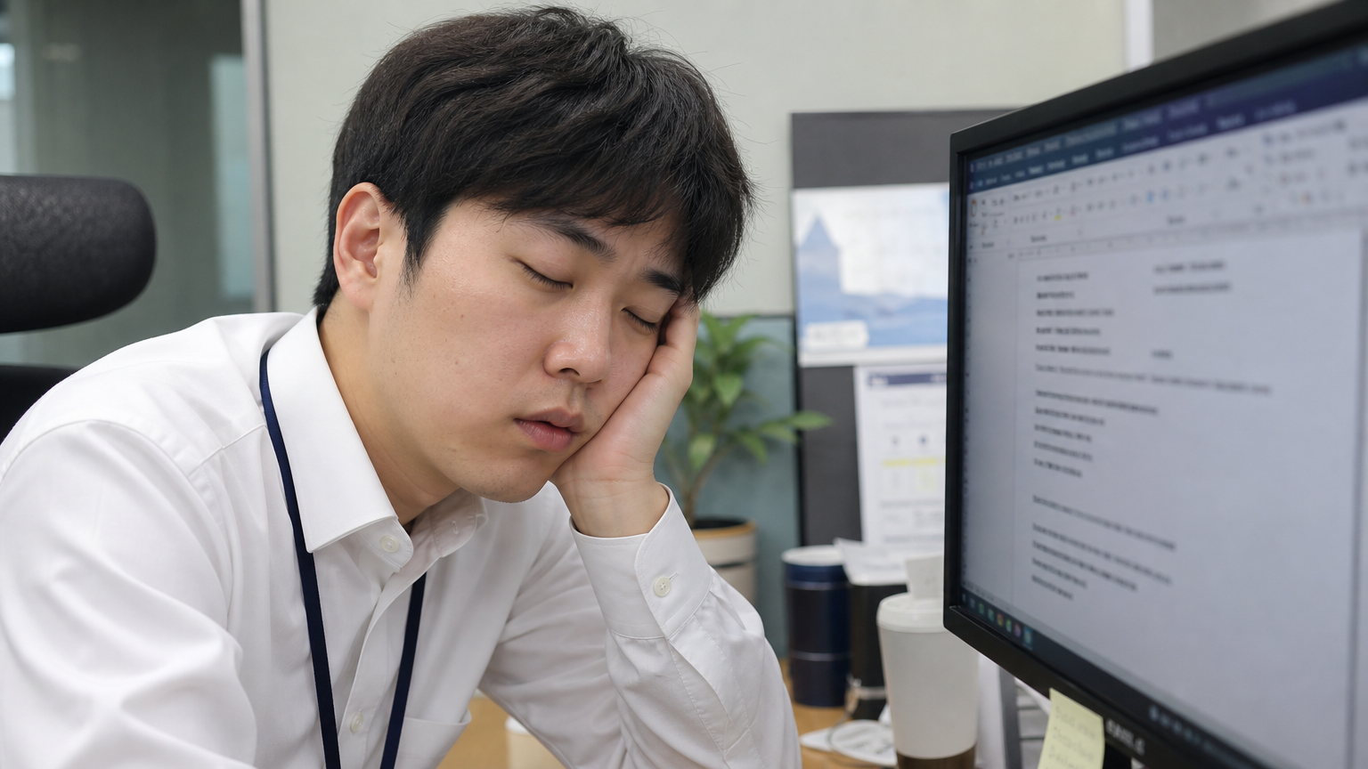 사무실 책상에 앉아 졸음을 느끼는 한국 직장인의 모습