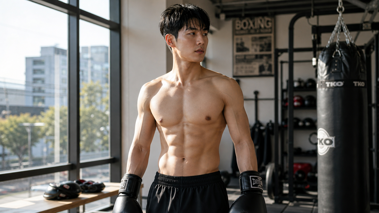 체육관에서 복싱 글러브를 낀 채 탄탄한 몸매를 뽐내는 현대적인 남성