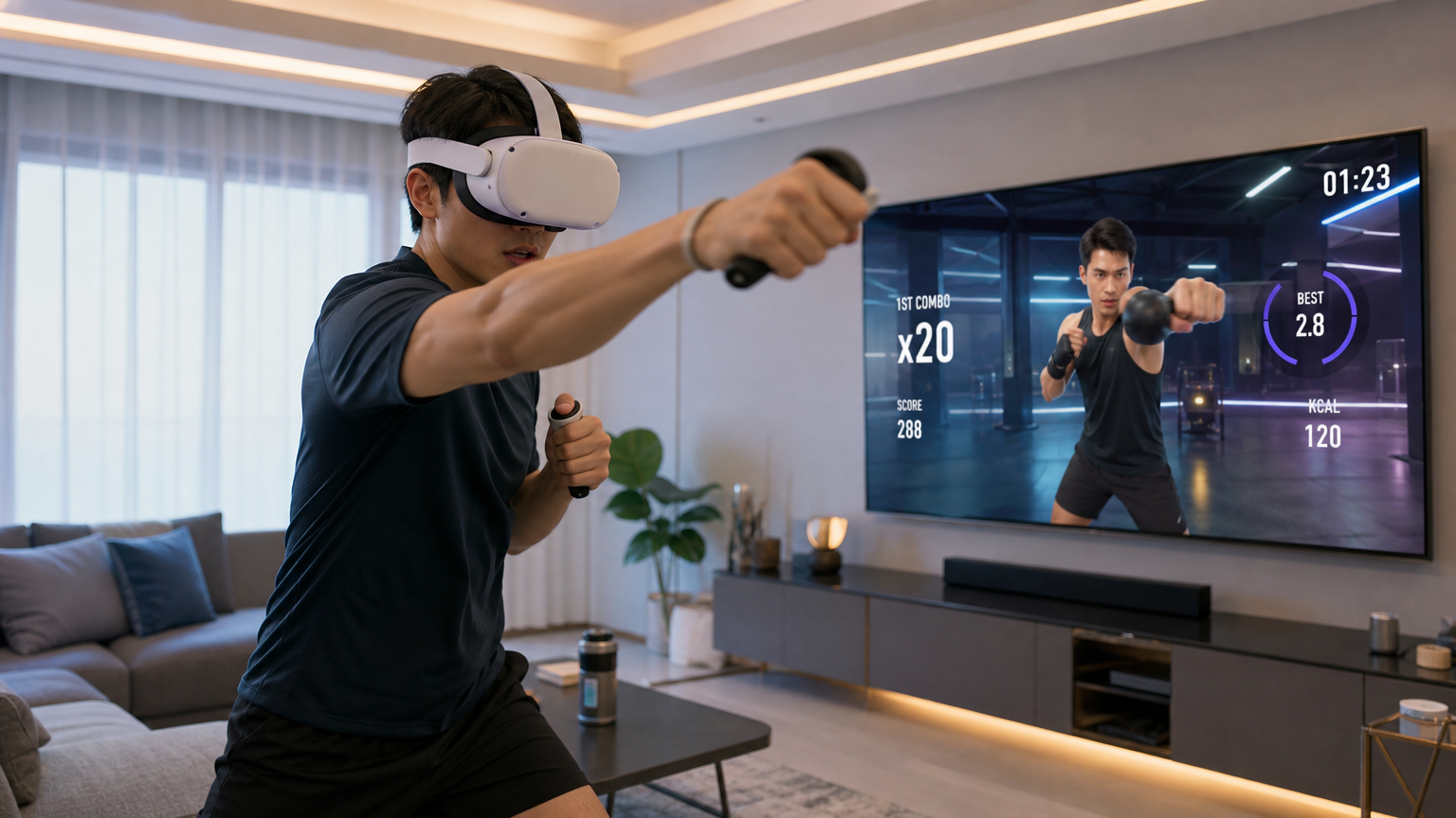 거실에서 VR 헤드셋을 착용하고 피트니스 트레이닝 중인 남성의 현대적인 모습