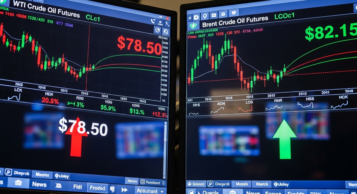 WTI 및 브렌트 유 거래 화면과 변동하는 유가 표시