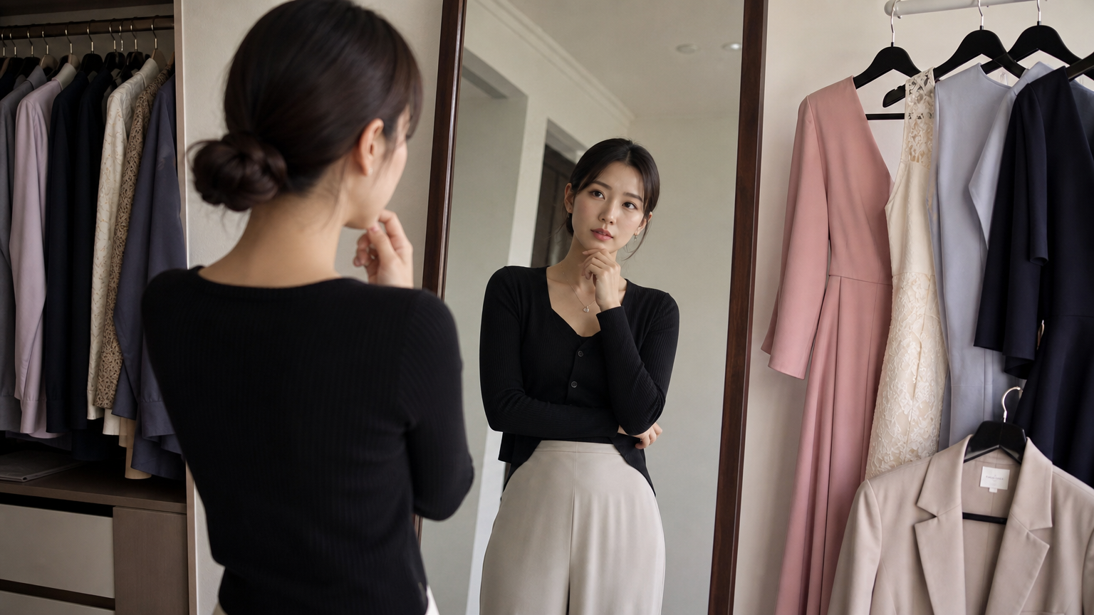 결혼식 참석을 위해 다양한 의상을 앞에 두고 고민하는 젊은 여성의 모습