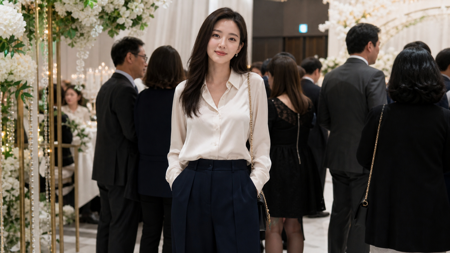 크림 새틴 블라우스와 네이비 와이드 팬츠를 착용하고 세련된 웨딩 장소에 서 있는 배우의 모습