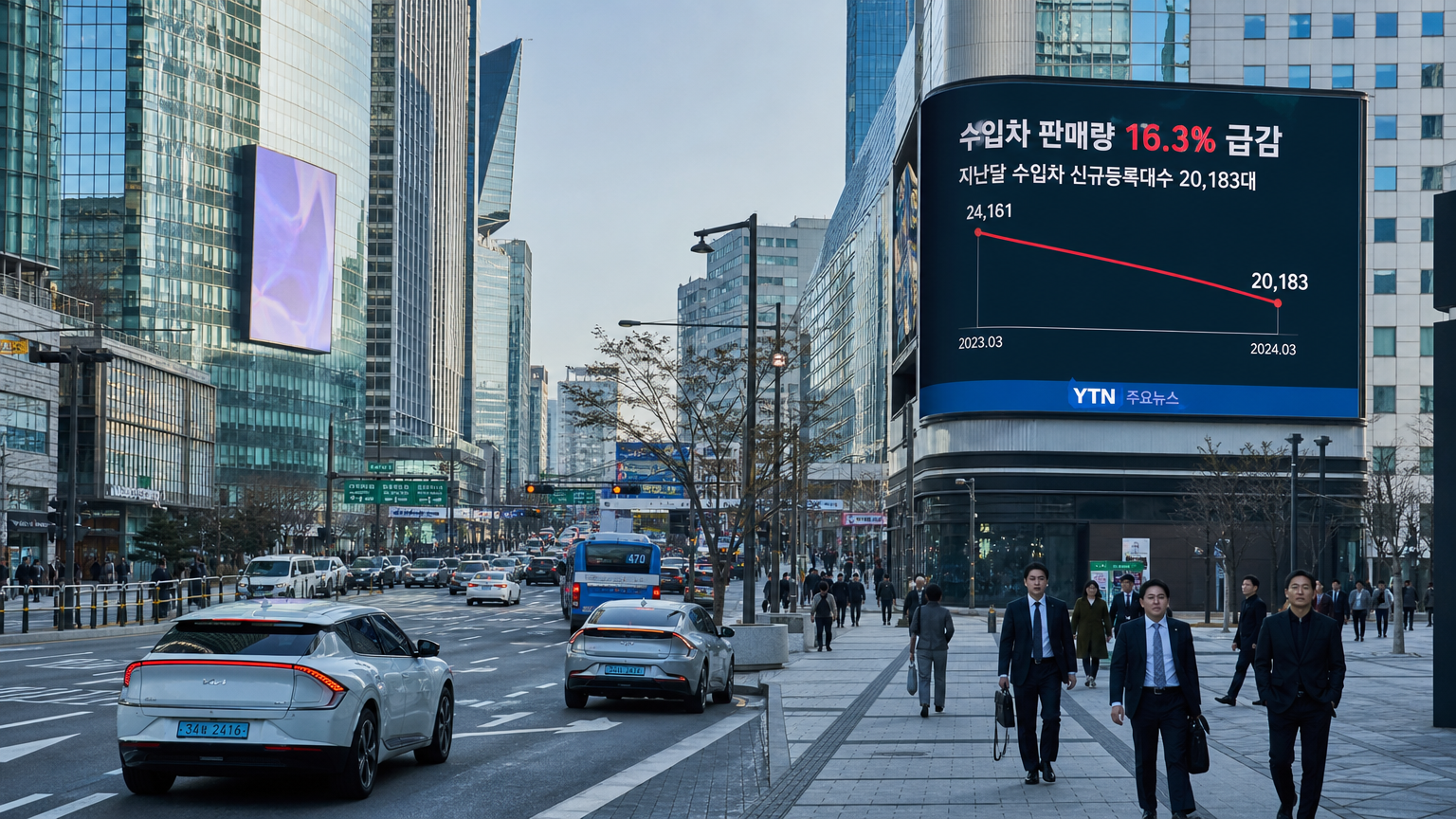 현대적인 한국 도시 풍경에서 전기차가 도로를 달리는 모습과 비즈니스 복장을 한 사람들이 걸어가는 장면