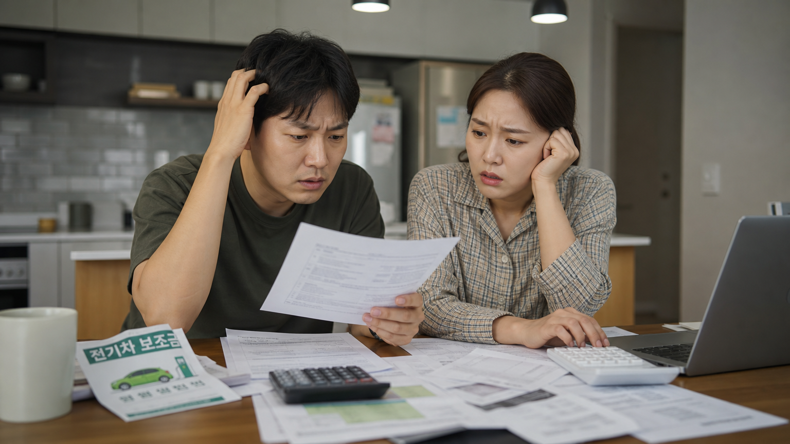 정부의 보조금 정책을 이해하려는 한국인 커플이 테이블에 앉아 서류와 계산기를 들여다보며 혼란스러워하는 모습