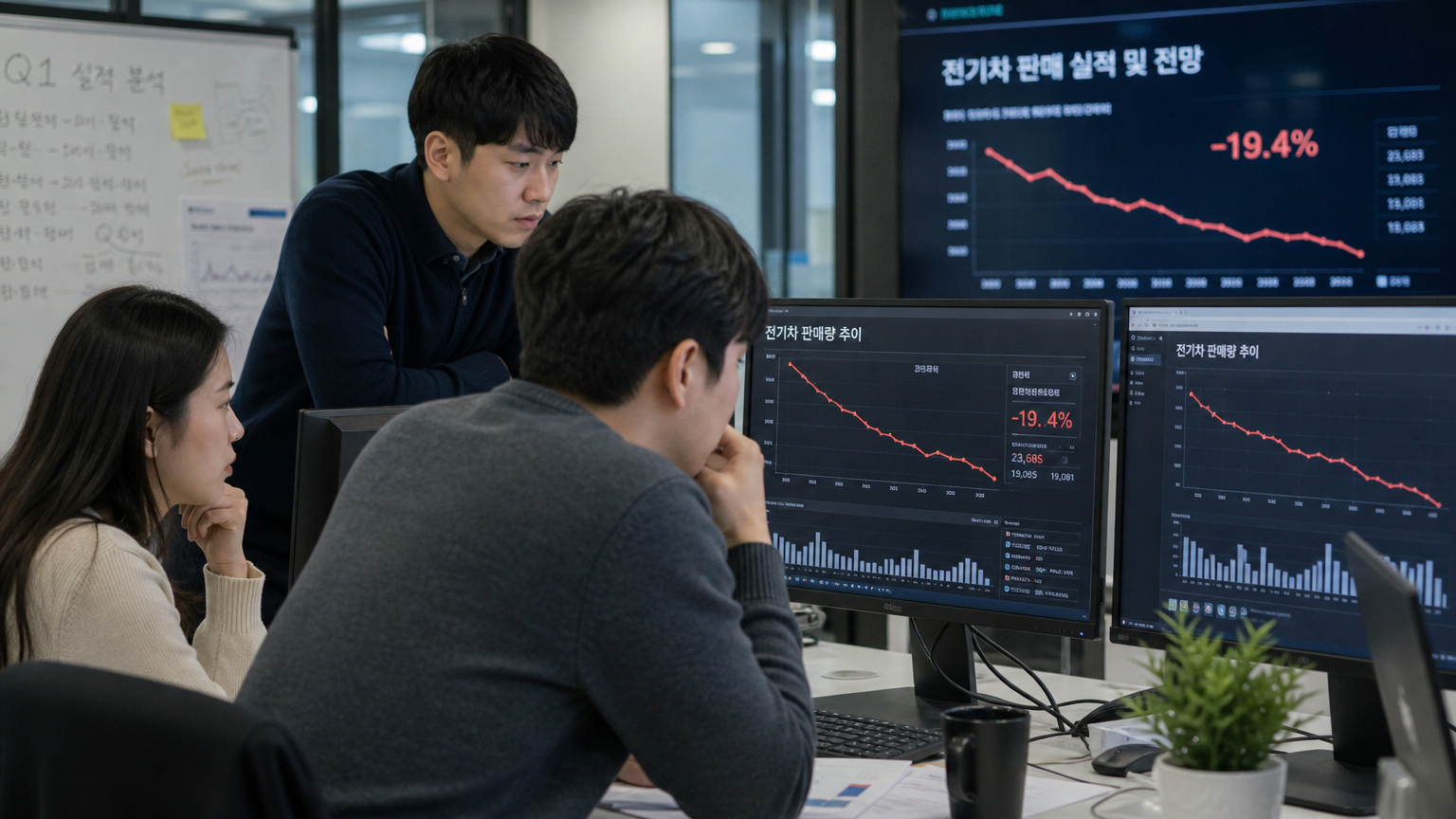 사무실에서 컴퓨터 화면으로 전기차 판매량 감소 그래프를 분석하는 한국인 분석가들
