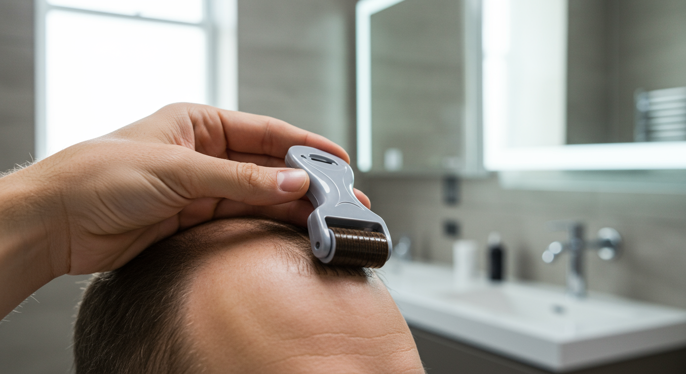 롤러형 두피 타투 도구를 사용하는 장면 클로즈업