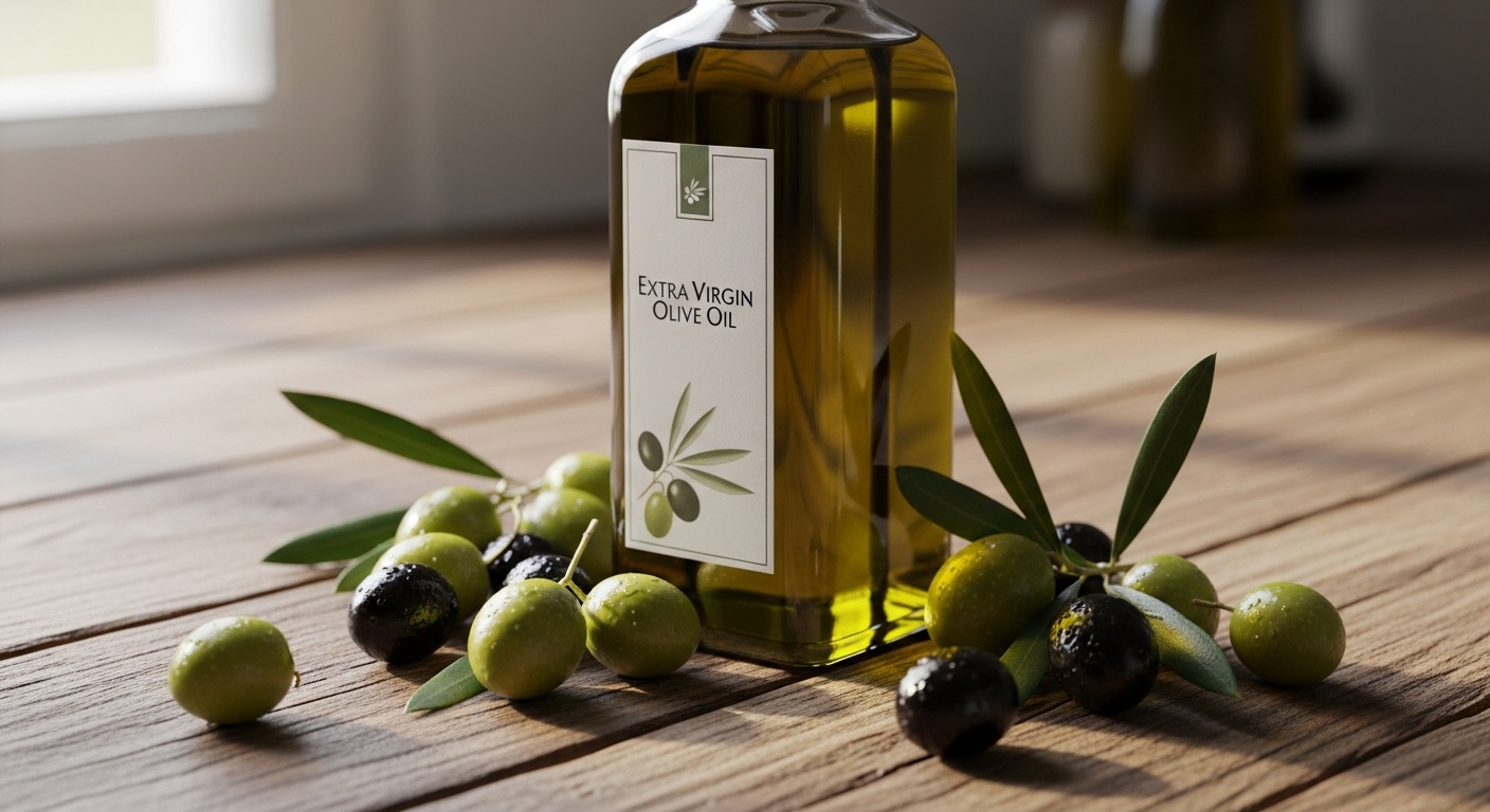 나무 카운터 위에 놓인 엑스트라 버진 올리브오일 병과 신선한 올리브