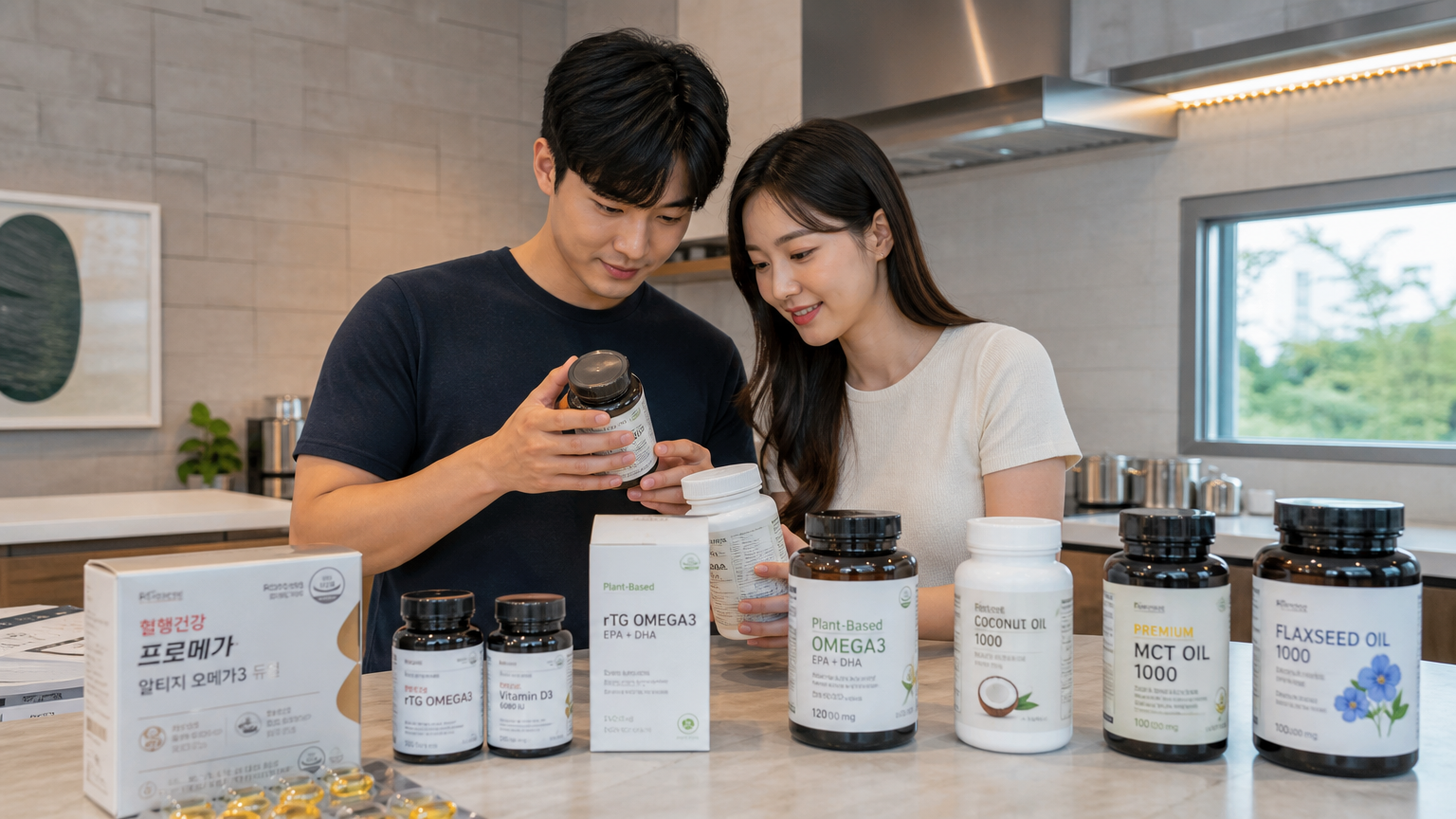 현대적인 주방에서 건강 보조제를 살펴보는 젊은 부부