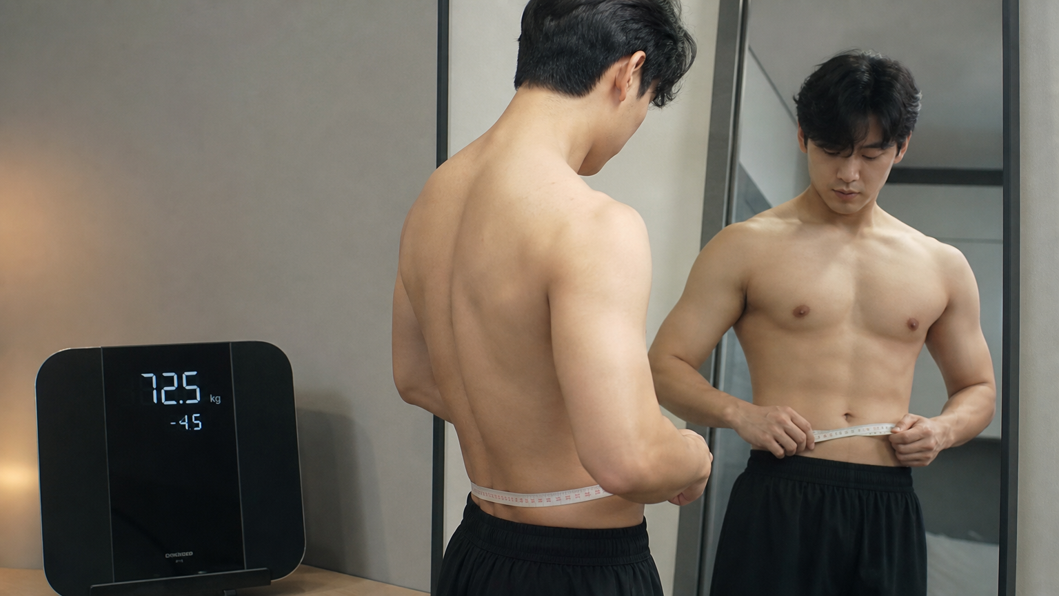 체중 감량 진행을 확인하며 거울 앞에 서 있는 피트니스 애호가