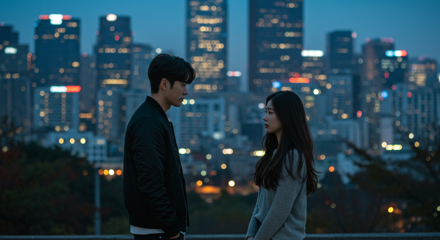 현대 도시 풍경 속에서 '사랑'이라는 단어를 곰곰이 생각하는 젊은 커플의 모습