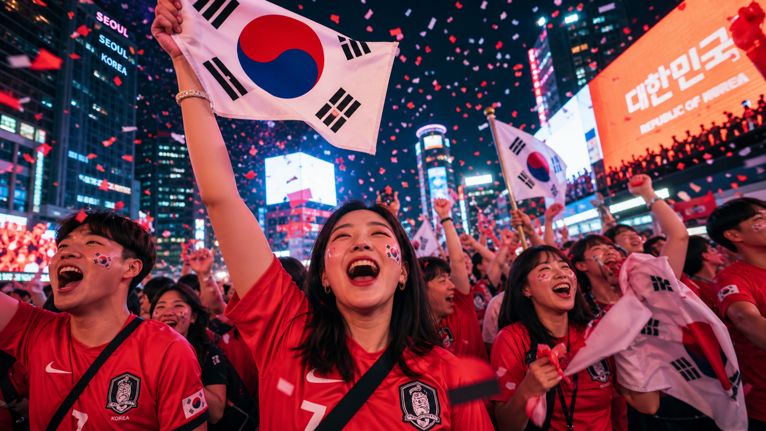 서울 거리에서 깃발과 함께 환호하는 한국 축구 팬들