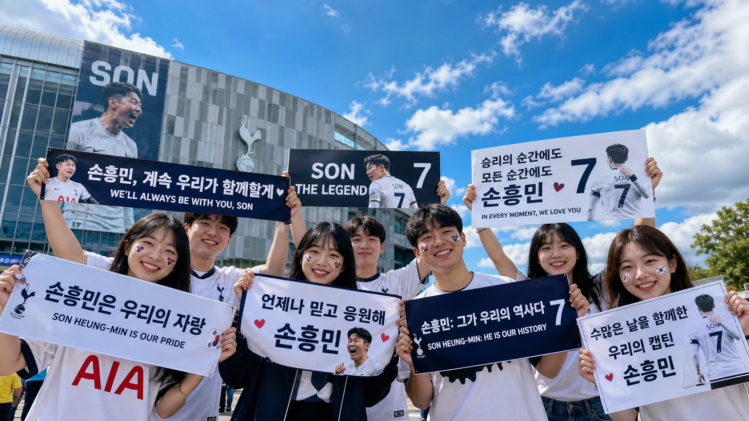 경기장 밖에서 손흥민 응원 플래카드를 든 한국 팬들