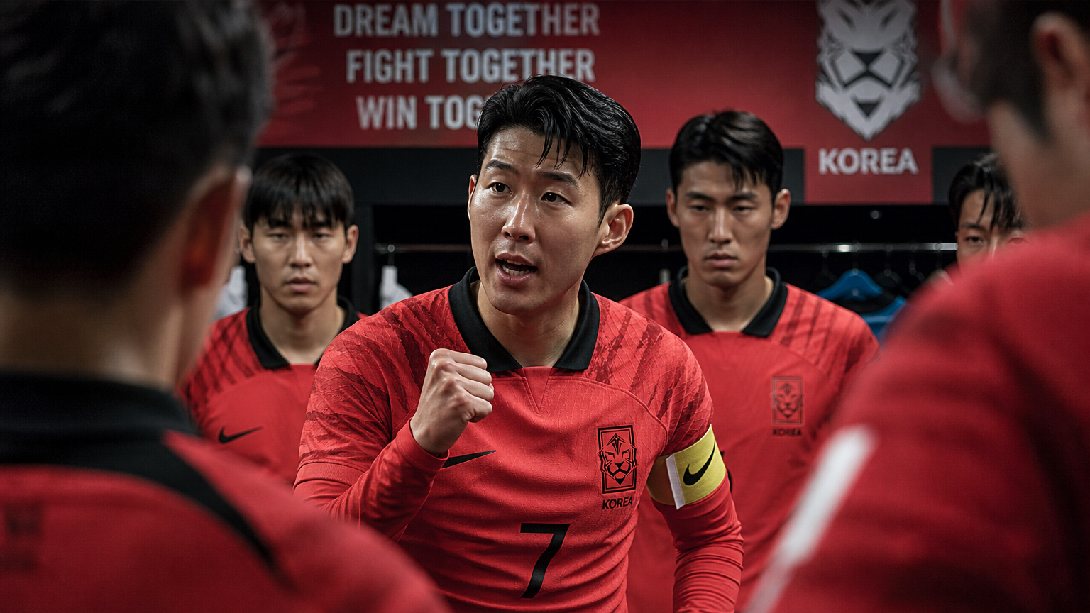 경기 전 라커룸에서 열정적으로 동료들에게 연설하는 한국 축구 주장
