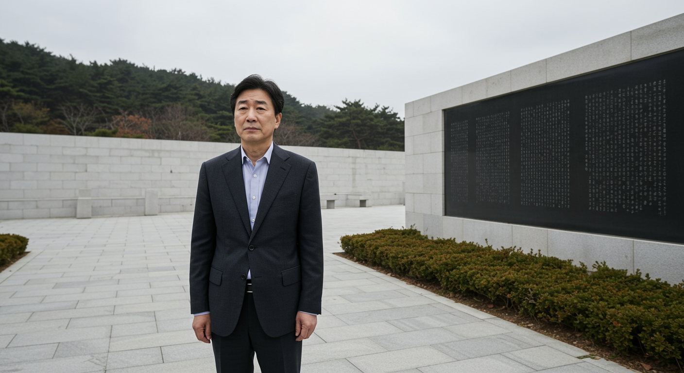 한국 근현대사 연구자가 기념비 앞에서 역사적 상실을 반영하는 장면