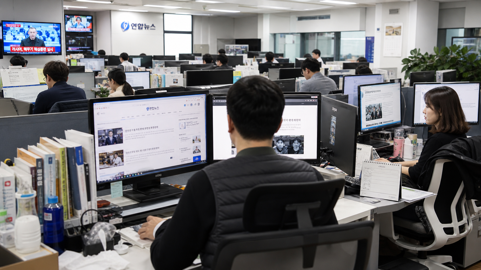 현대적인 사무실에서 한국 기자들이 뉴스 기사를 작성하는 모습