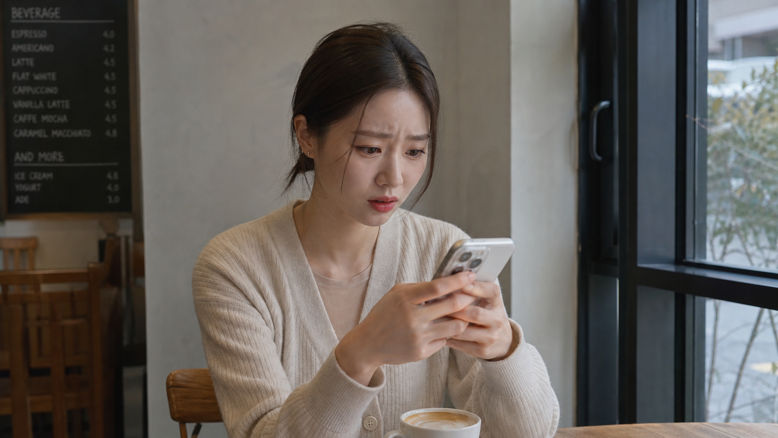 카페 테이블에 앉아 스마트폰으로 허위 온라인 소문을 읽는 한국 여성