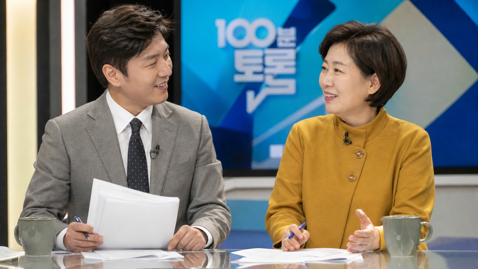방송 리허설 중 TV 세트장에서 조화를 이루며 협업하는 다른 연령대의 한국 남녀