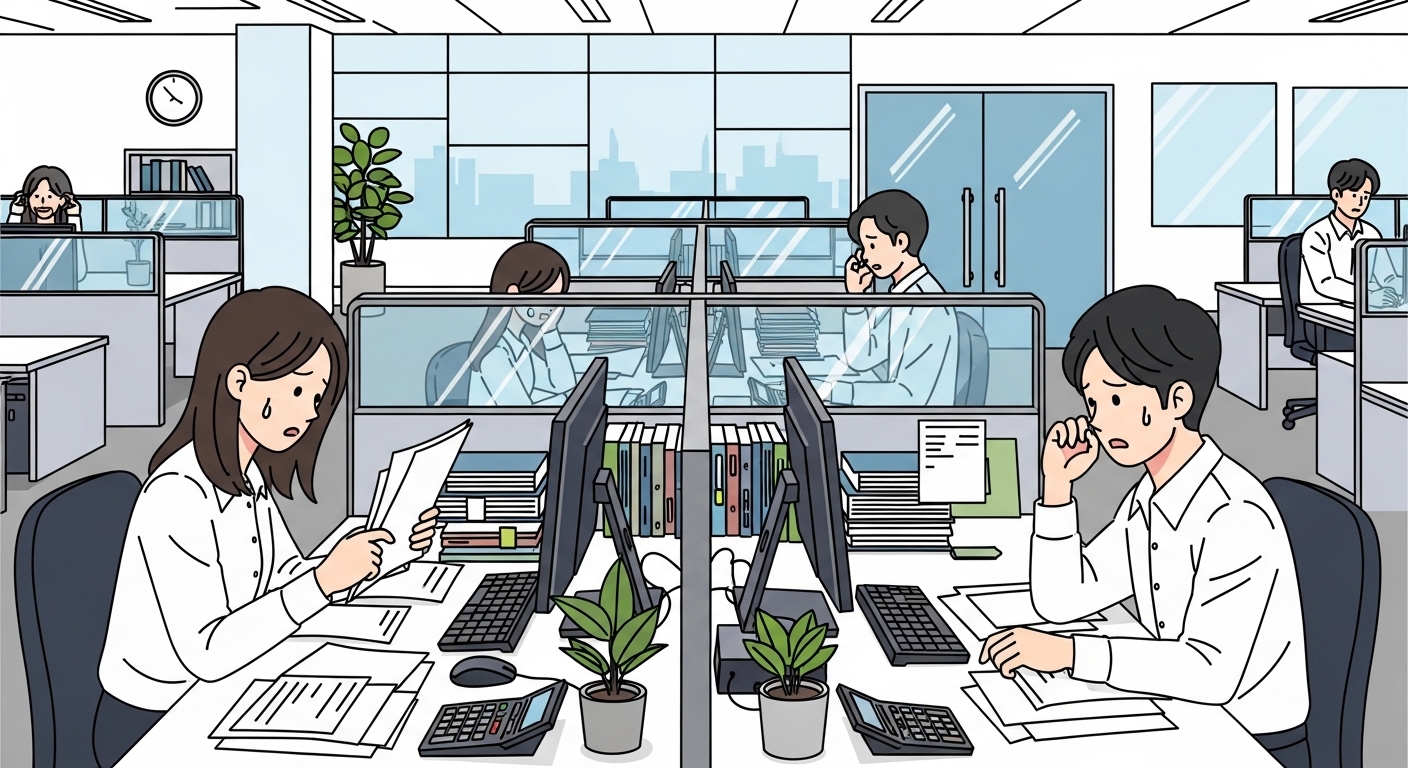 사무실에서 서류와 계산기를 사용하며 스트레스를 받는 직장인들