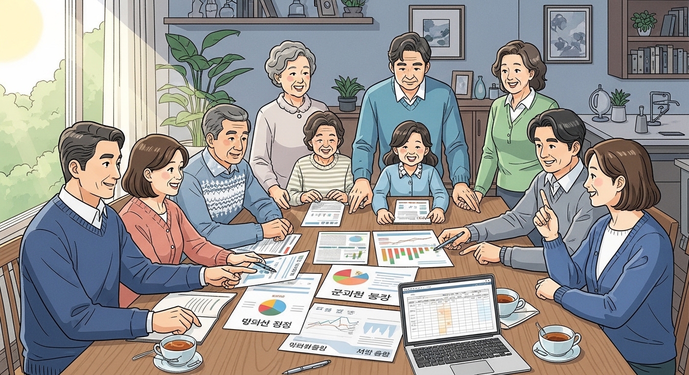다양한 한국 가정이 집에서 정부 문서를 두고 재정 계획을 논의하는 모습